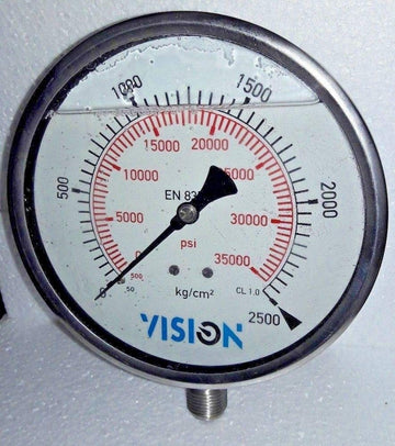 High Pressure Gauge Dual Scale 0 2500 BAR 0-35000 PSI Vision Stainless Steel