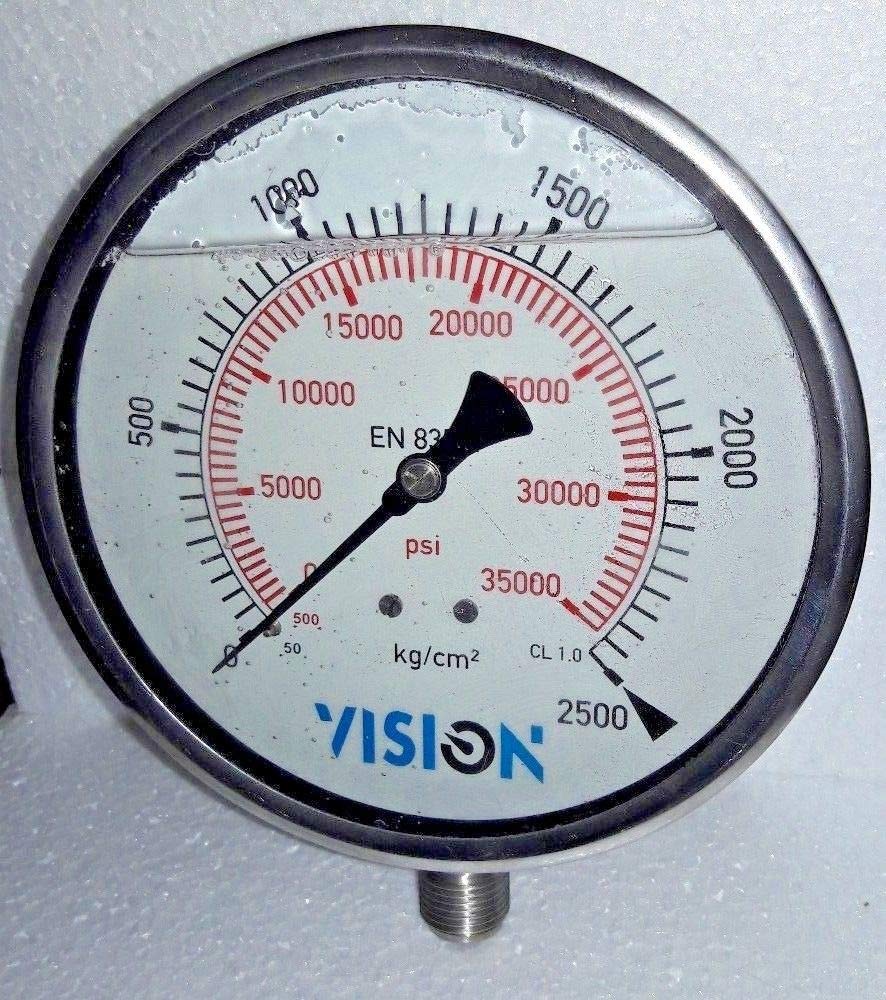 High Pressure Gauge Dual Scale 0 2500 BAR 0-35000 PSI Vision Stainless Steel