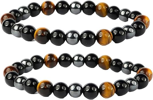 Natural Triple Protection Bracelet for Women and Men Pack of 2, 8mm Beads Adjustable Stretchable Bracelet Healing Energy Protection Bracelet for Balance and Emotional Well Being