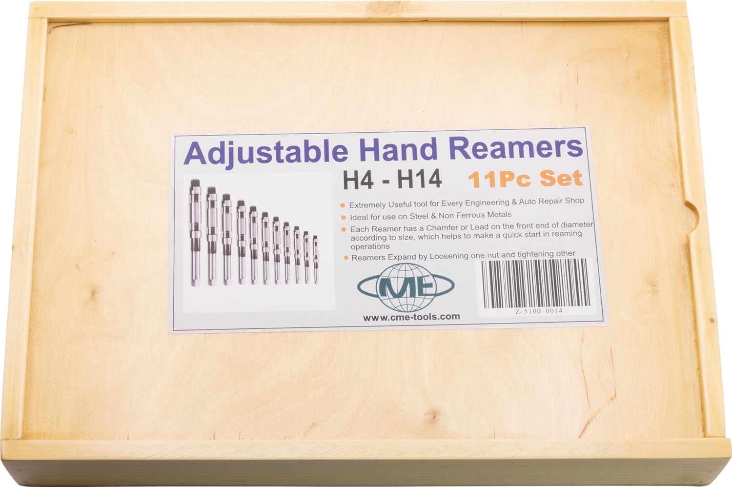 CME 11 pc Adjustable Hand Reamer Set, M2 High-Speed Steel, 15/32"-17/32" to 1 11/32"-1 1/2" Reamer Sizes, Straight Flute