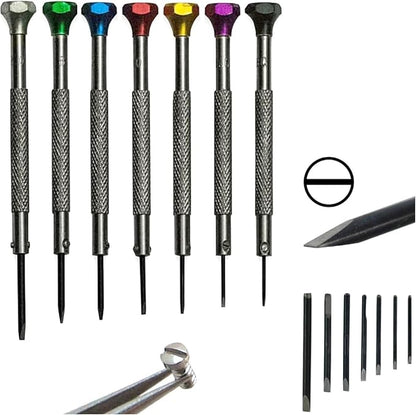 Watchmakers Screwdriver Set of 7 Color Coded Flat Head Precision Screwdrivers with Knurled Grip and Added Replacement Blades for Watch Repair