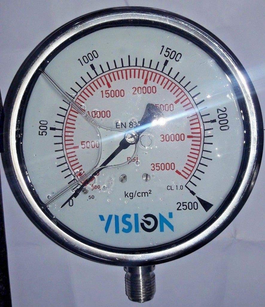 High Pressure Gauge Dual Scale 0 2500 BAR 0-35000 PSI Vision Stainless Steel