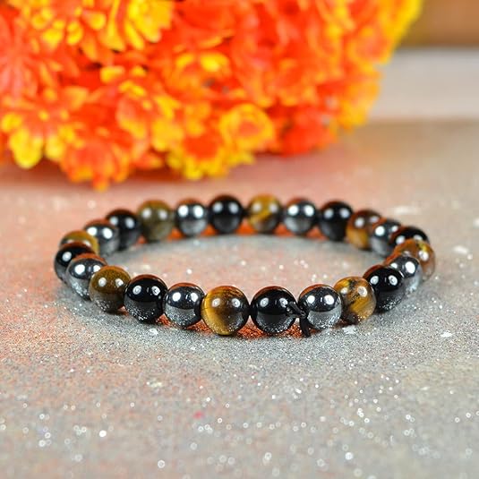 Natural Triple Protection Bracelet for Women and Men Pack of 2, 8mm Beads Adjustable Stretchable Bracelet Healing Energy Protection Bracelet for Balance and Emotional Well Being