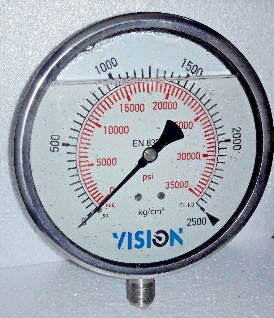 High Pressure Gauge Dual Scale 0 2500 BAR 0-35000 PSI Vision Stainless Steel