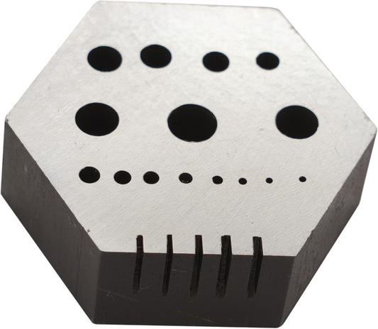 TAURISH Hexagonal Steel Riveting Anvil Block 17mm Thick Multi-Functional Bench Tool for Drilling, Riveting, Jewelry Making, and Watch Repair Hardened Steel Block with 15 Holes and 5 Slots