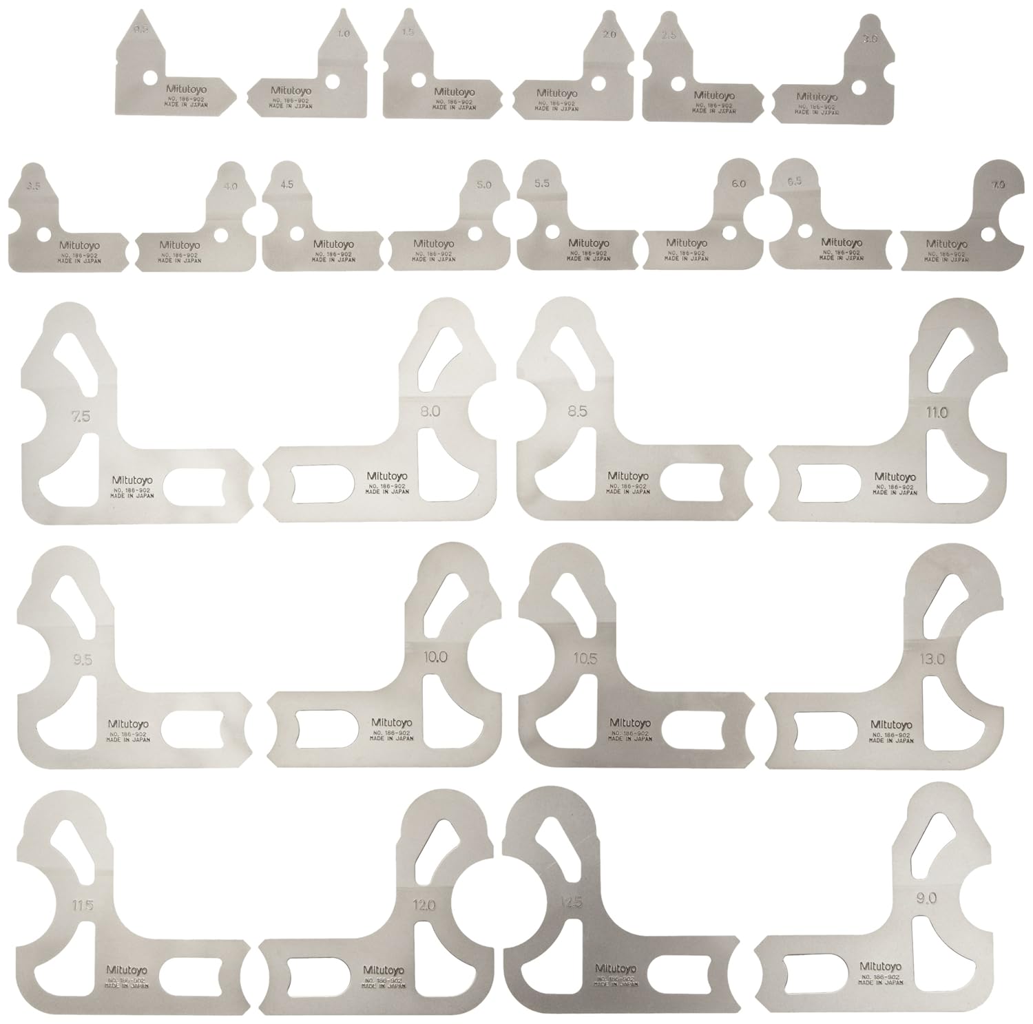 Mitutoyo 186-902, Radius Gage Set, 26 Leaves, 0.5mm to 13mm by 0.5mm, 5 Radii per Leaf