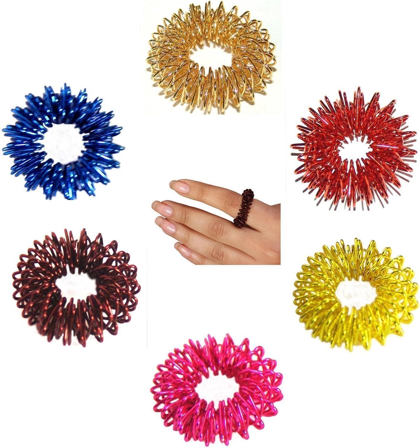 AHCS Acupressure Massage Sujok Ring in Assorted Colors Set of 6 Pcs with Free Acupressure Thumb Pad