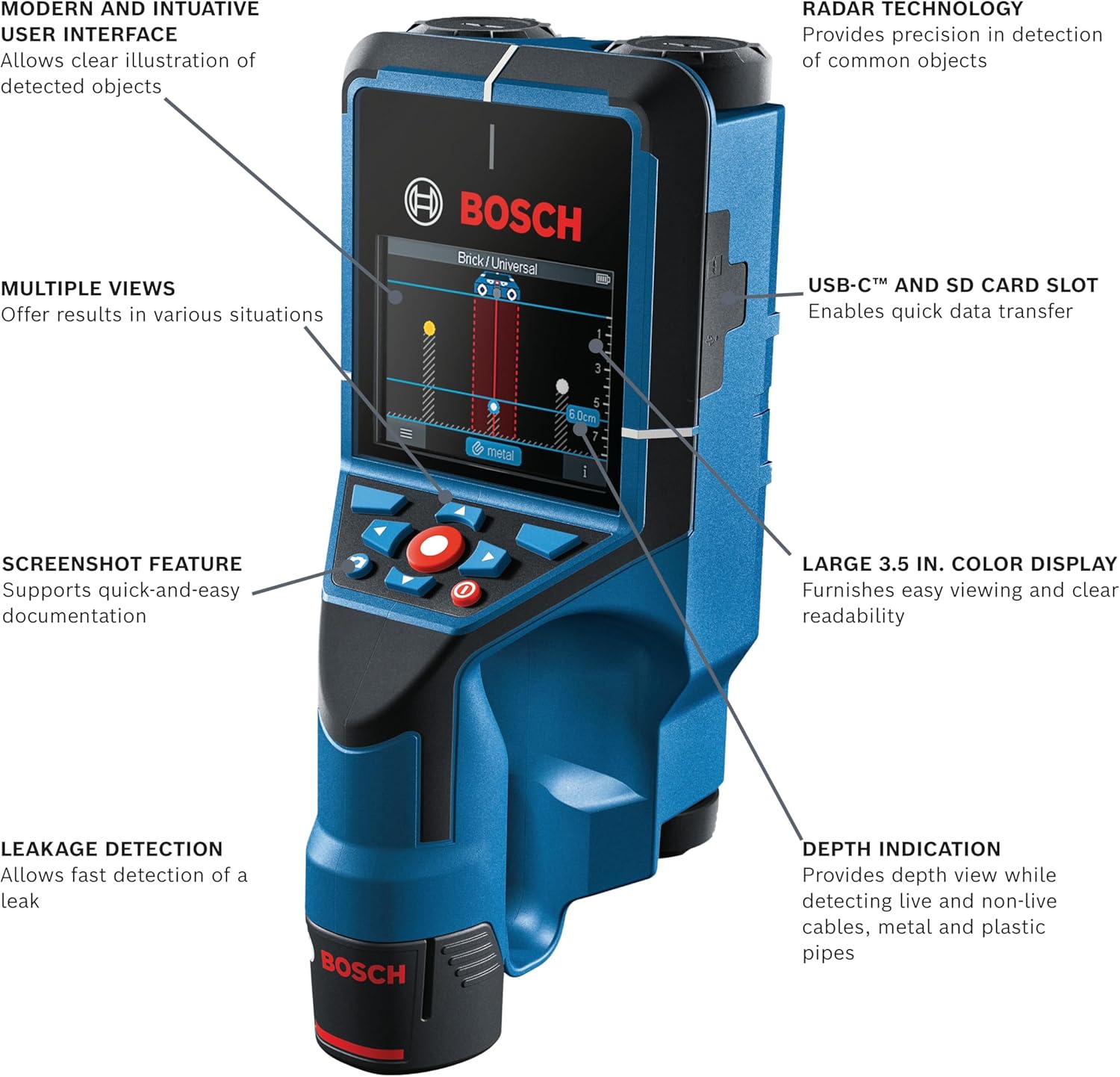BOSCH D-TECT200C 12V Max Wall and Floor Scanner, Includes 2.0 Ah 12V Max Lithium-Ion Battery & Charger, USB Cable, & Soft Pouch