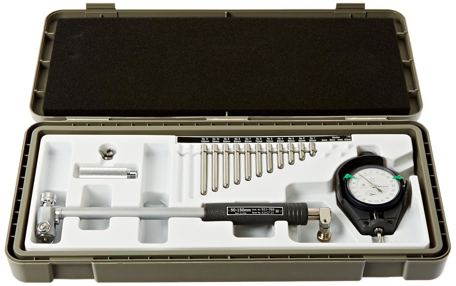 Mitutoyo 511-723 Dial Bore Gage, 50-150 mm, 0.001 mm Graduation, Stem Diameter 8 mm with 2109SB-10 Dial Indicator