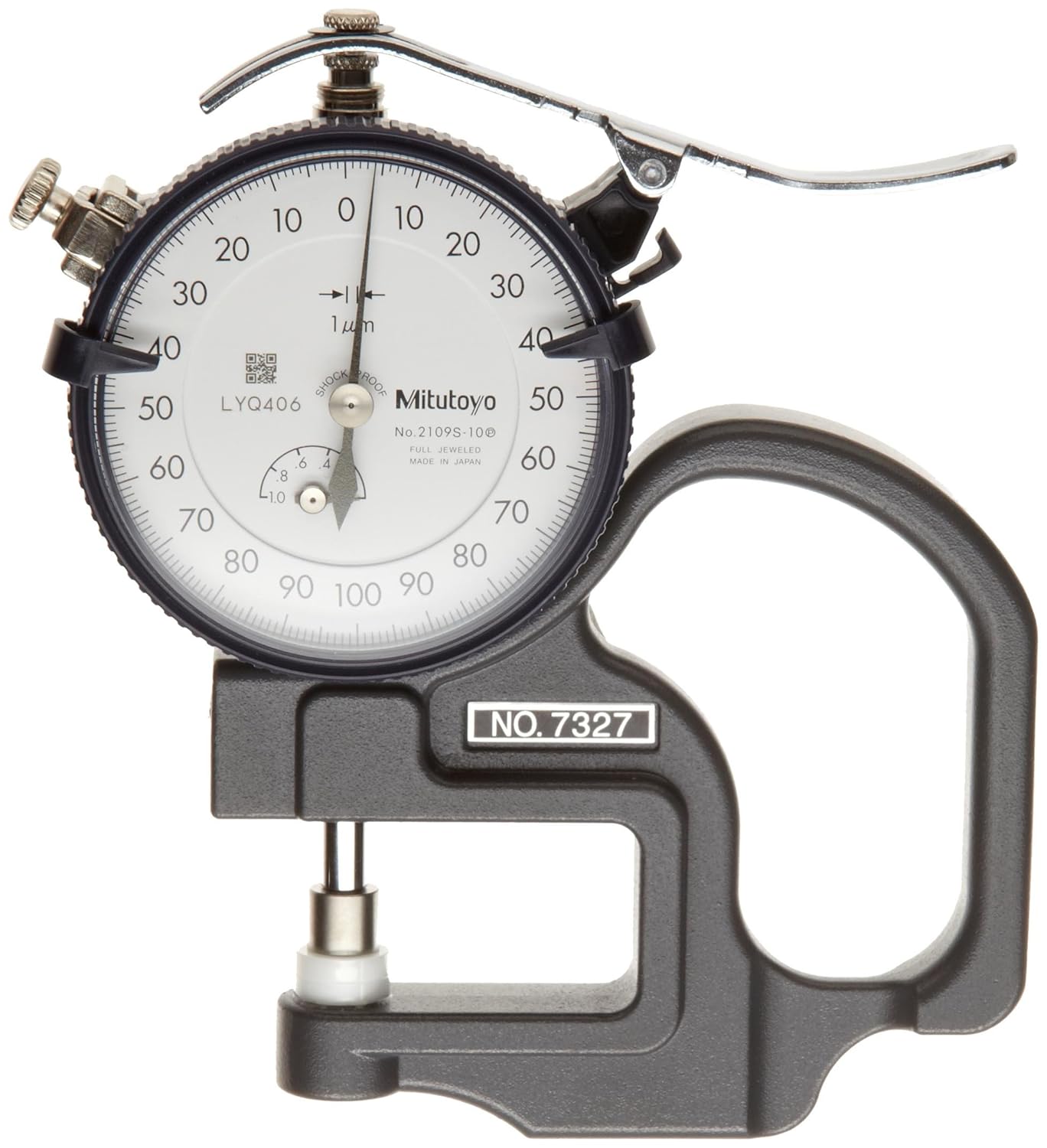 Mitutoyo 7327 Dial Thickness Gage, Flat Anvil, Standard Type, 0-1mm Range, 0.001mm Graduation, +/-5 micrometer Accuracy