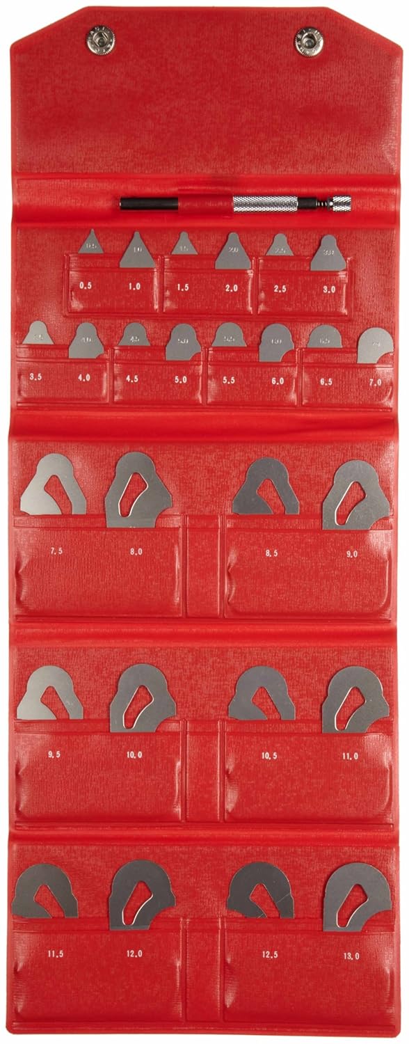 Mitutoyo 186-902, Radius Gage Set, 26 Leaves, 0.5mm to 13mm by 0.5mm, 5 Radii per Leaf