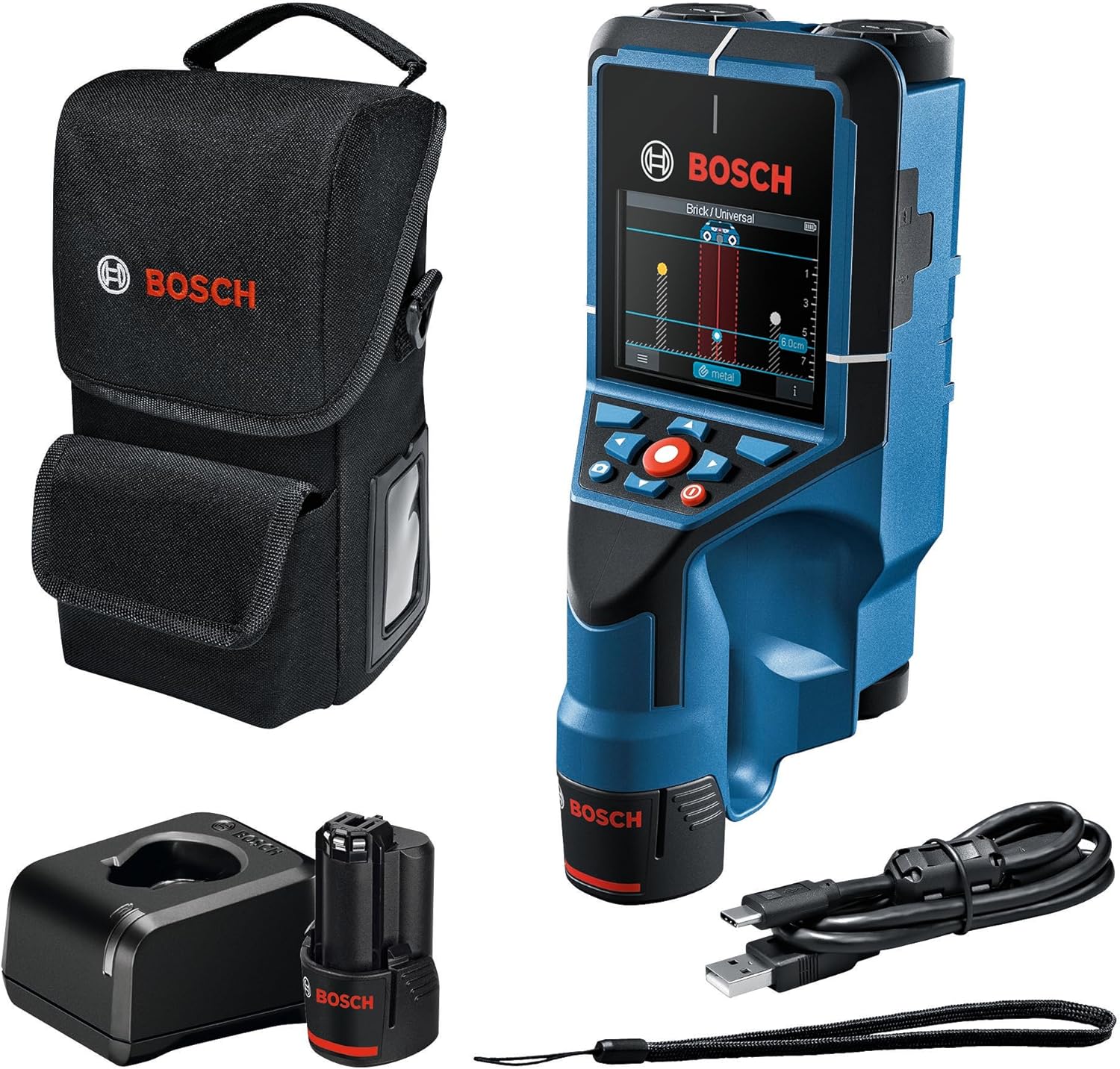 BOSCH D-TECT200C 12V Max Wall and Floor Scanner, Includes 2.0 Ah 12V Max Lithium-Ion Battery & Charger, USB Cable, & Soft Pouch