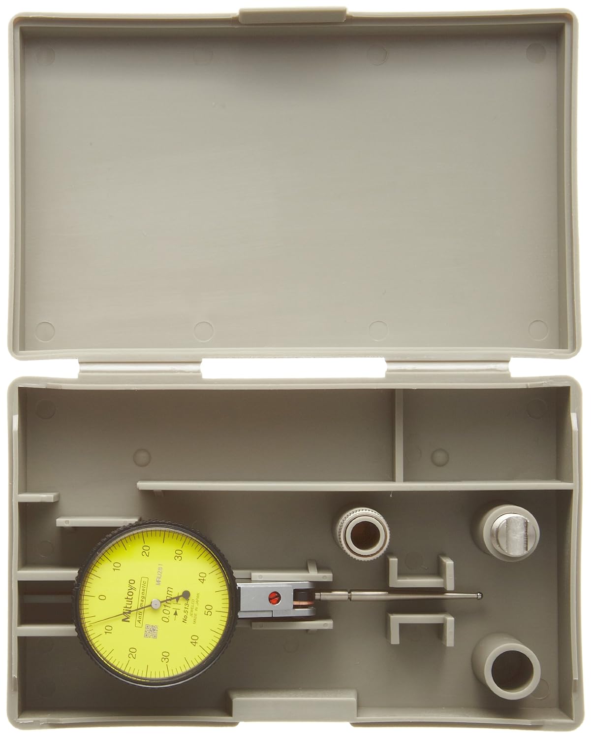 Mitutoyo 513-401E Dial Test Indicator, Basic Set, Horizontal Type, 8mm Stem Dia., Yellow Dial, 0-70-0 Reading, 40mm Dial Dia., 0-0.14mm Range, 0.001mm Graduation, +/-0.003mm Accuracy