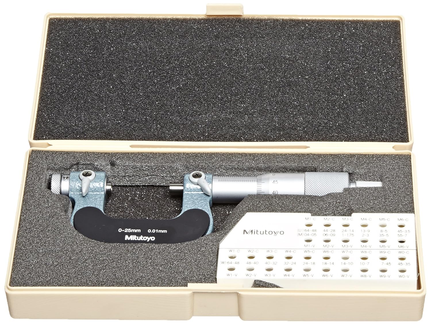 Mitutoyo 126-125 Screw Thread Micrometer, Interchangeable Anvil-Spindle Tip, Ratchet Stop, 0-25mm Range, 0.01mm Graduation, +/-0.004mm Accuracy