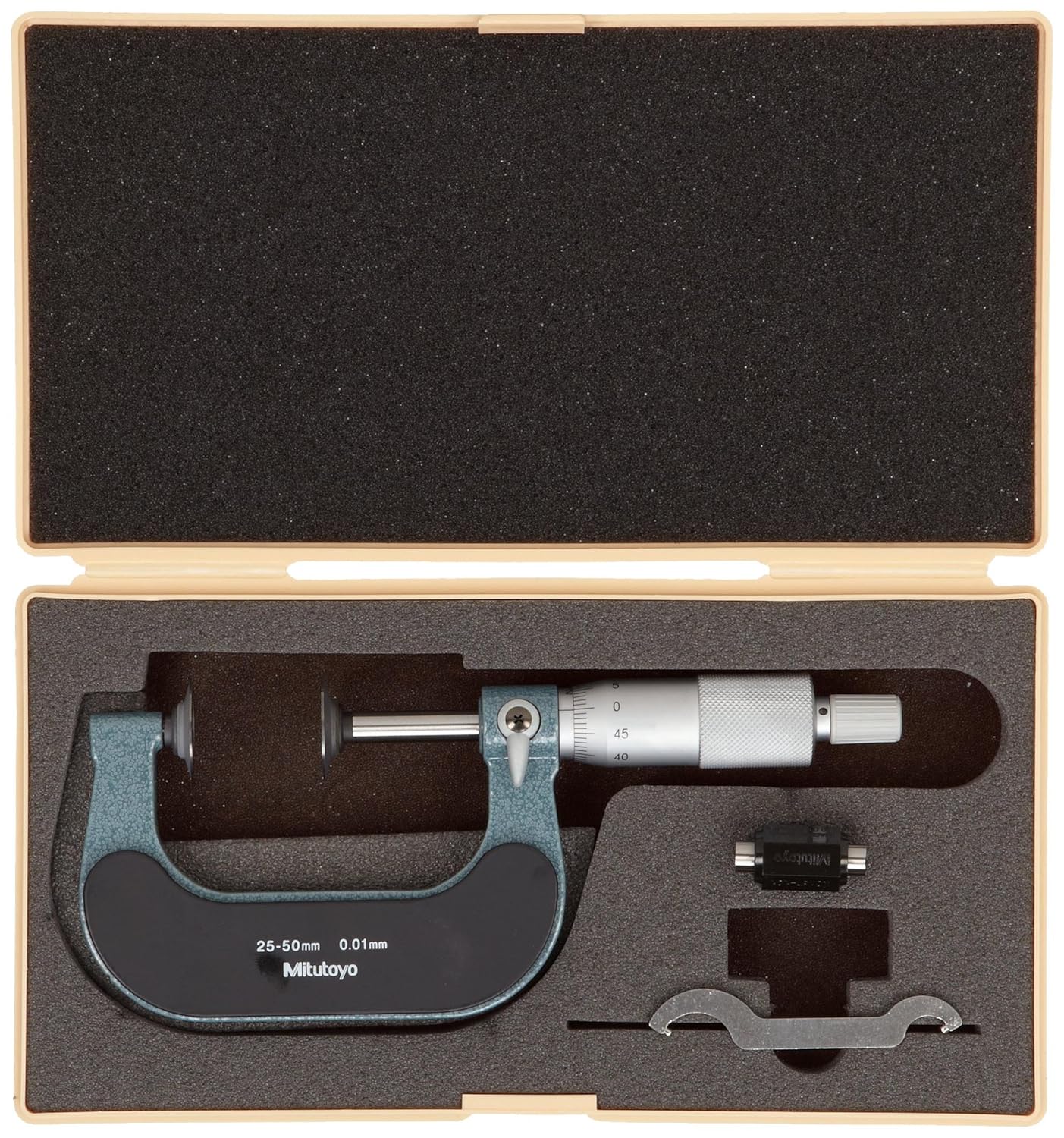 Mitutoyo 123-110 Disk Micrometer, Ratchet Stop, 225-250mm Range, 0.01mm Graduation, +/-0.009mm Accuracy