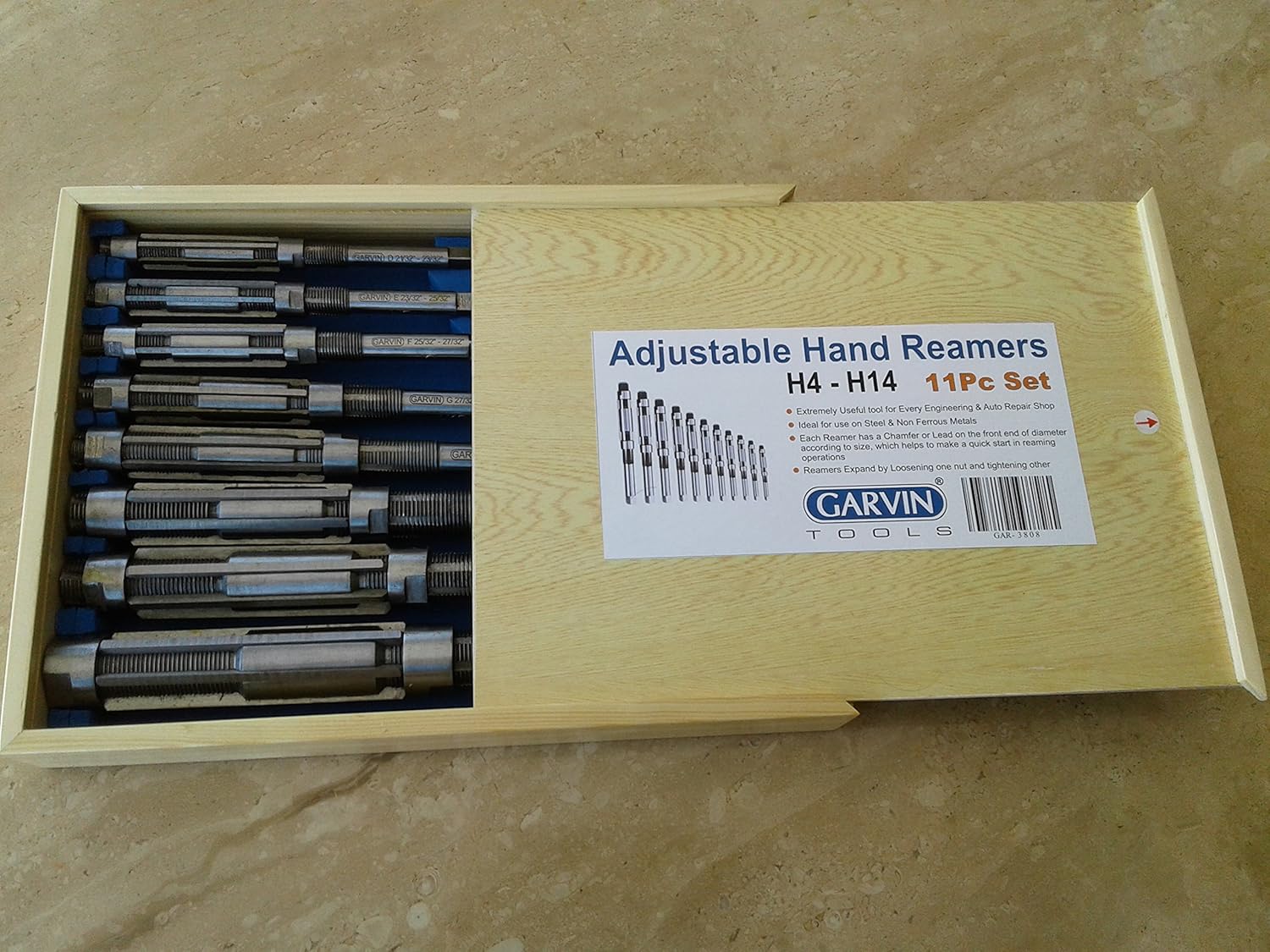 CME 11 pc Adjustable Hand Reamer Set, M2 High-Speed Steel, 15/32"-17/32" to 1 11/32"-1 1/2" Reamer Sizes, Straight Flute