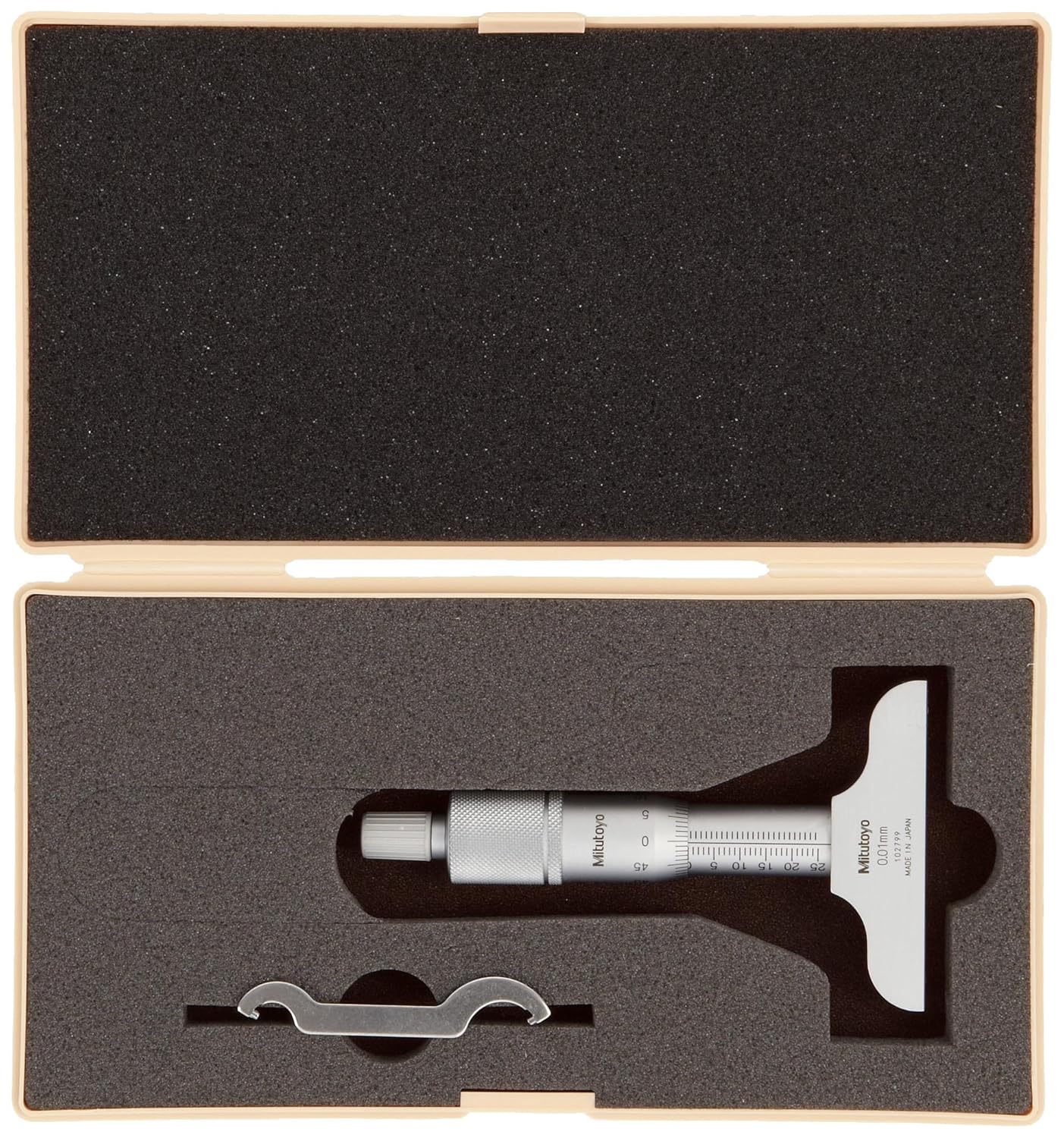 Mitutoyo 128-101 Vernier Depth Gauge, Micrometer Type, 0-25mm Range, 0.01mm Graduation, +/-0.003mm Accuracy, 63.6mm x 16mm Base