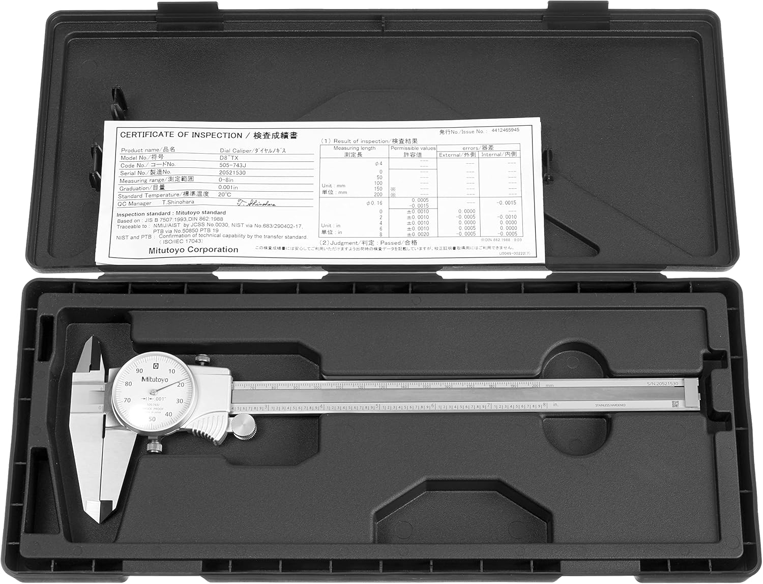 Mitutoyo 505-743J 0-8 Inch, .001 Inch Dial Caliper, .1 Inch/Revolution